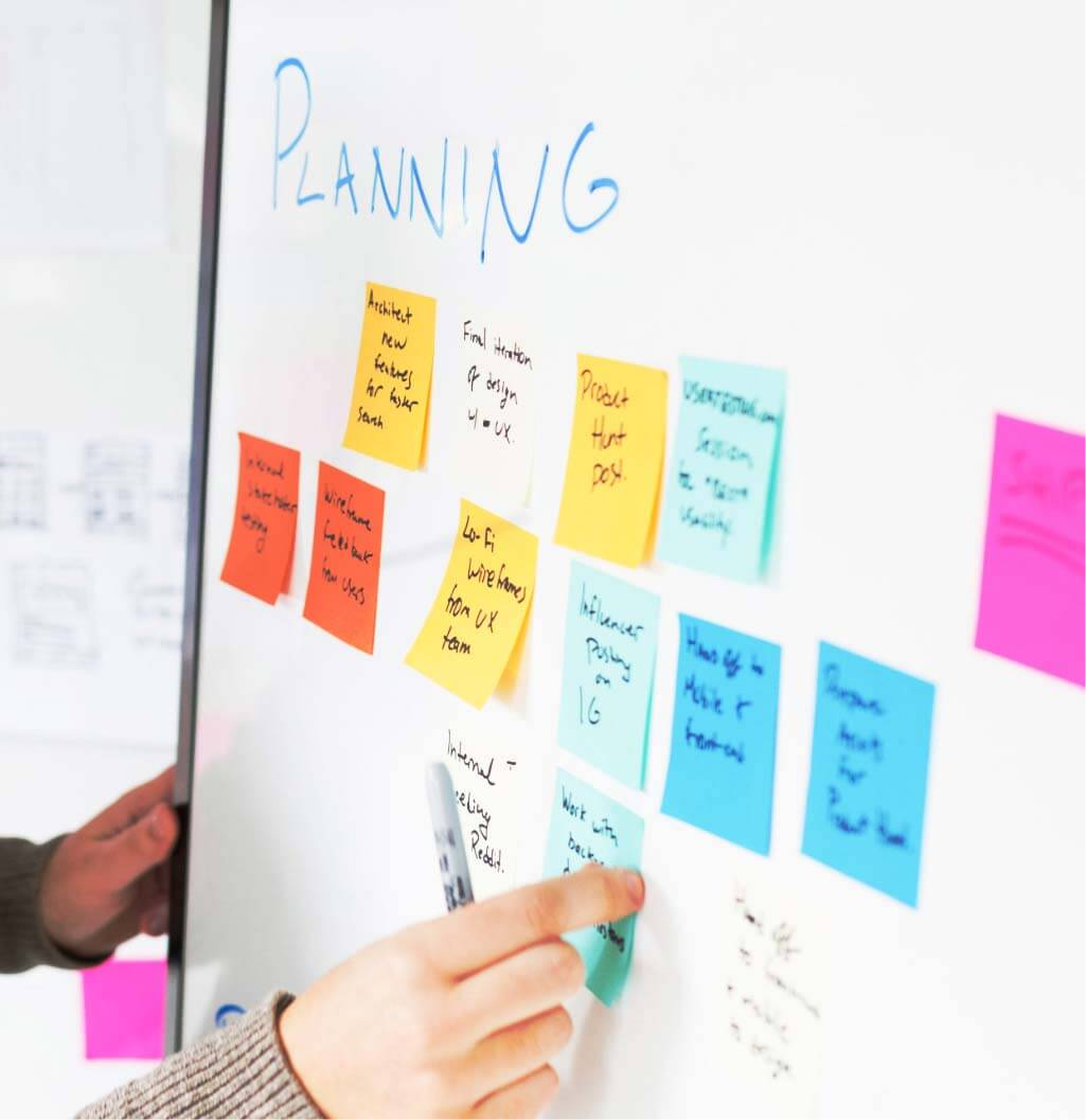 whiteboard planning with post-it notes