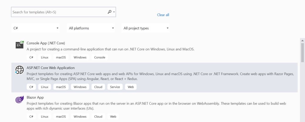 Create new ASP.NET Core web application in Visual Studio 2019.